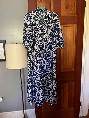 Navy and White Floral Button-Front Maxi Dress